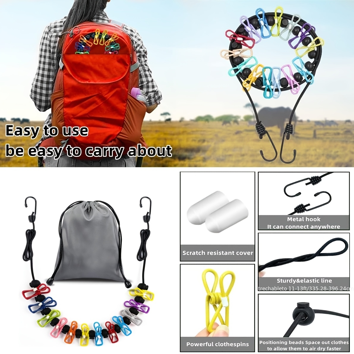 Camping Outdoor Clothing - 2-piece camping portable clothesline, equipped with
